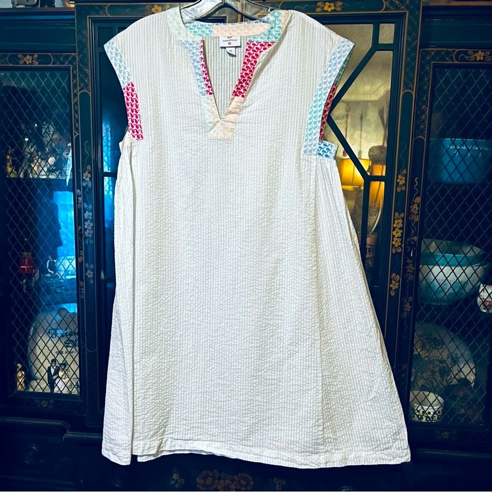 NWOT Vineyard Vines White Seersucker With Multicolor Trim Dress Cover Up Size XS